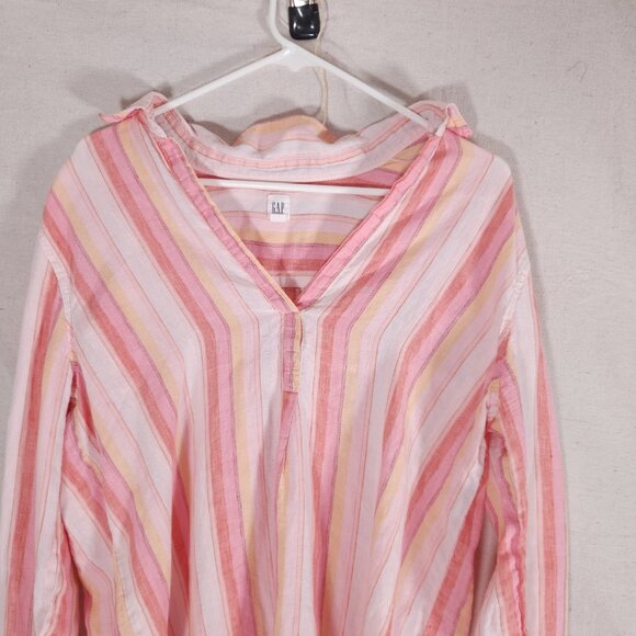 Gap Linen Tunic Womens Large Pink Striped V Neck Popover Coastal Beachwear - Picture 9 of 12